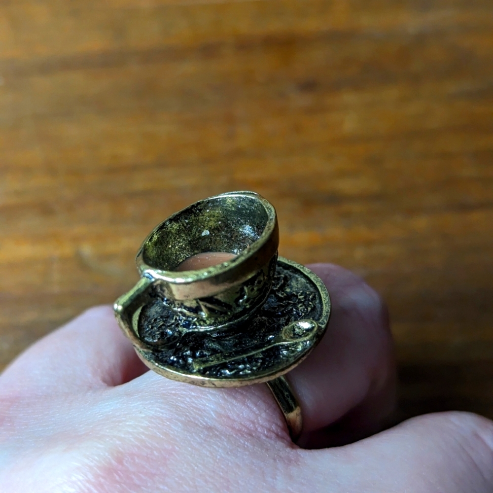 Costume adjustable ring bronze tea coffee cup with saucer and spoon Cosplay